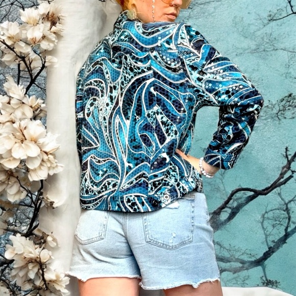 Retro Ruby Road Sz 12P Women's Blue Light Weight Jacket Shiny Button Up Pockets - Picture 2 of 11